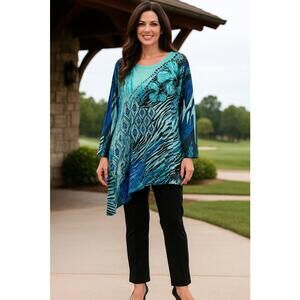 Jess & Jane Women's Aqua Floral Abstract Artsy Asymmetric Tunic, 1X